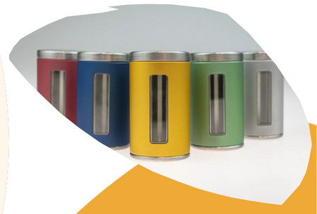 Five cylindrical vape devices in red, blue, yellow, green, and silver, arranged in a row with the center yellow device in sharp focus and the others softly blurred.
