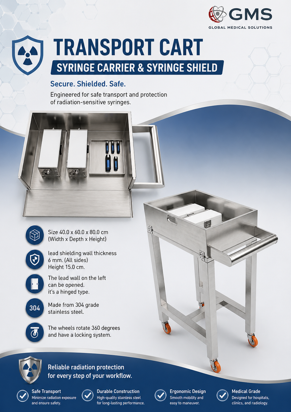 Transport Cart - 6mm Pb with syringe carrier and shield