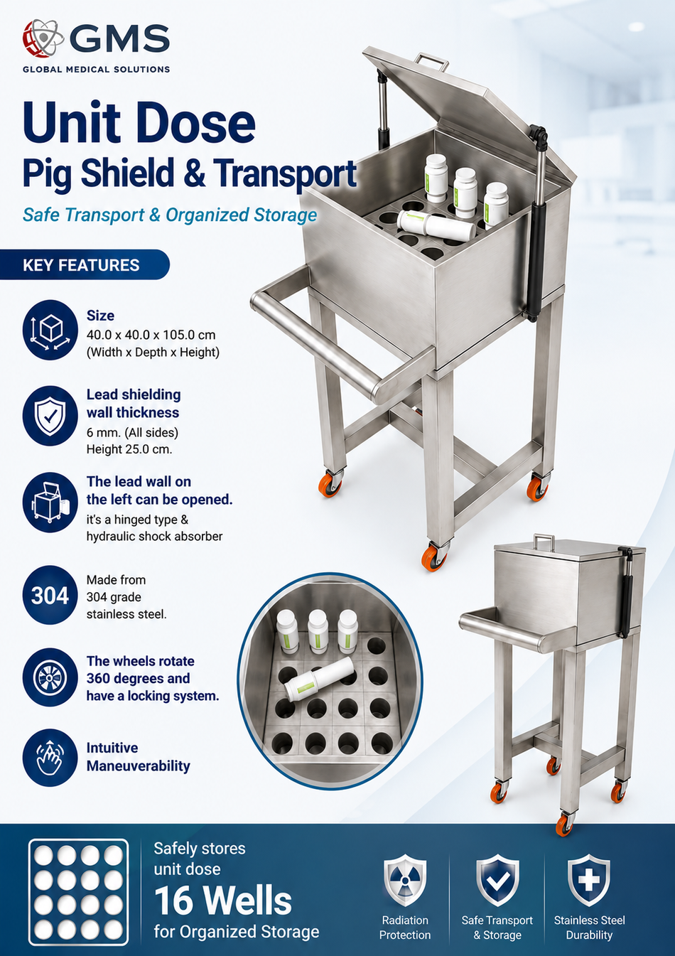 Unit Dose Pig Shield and Transport Cart - 6mm Pb